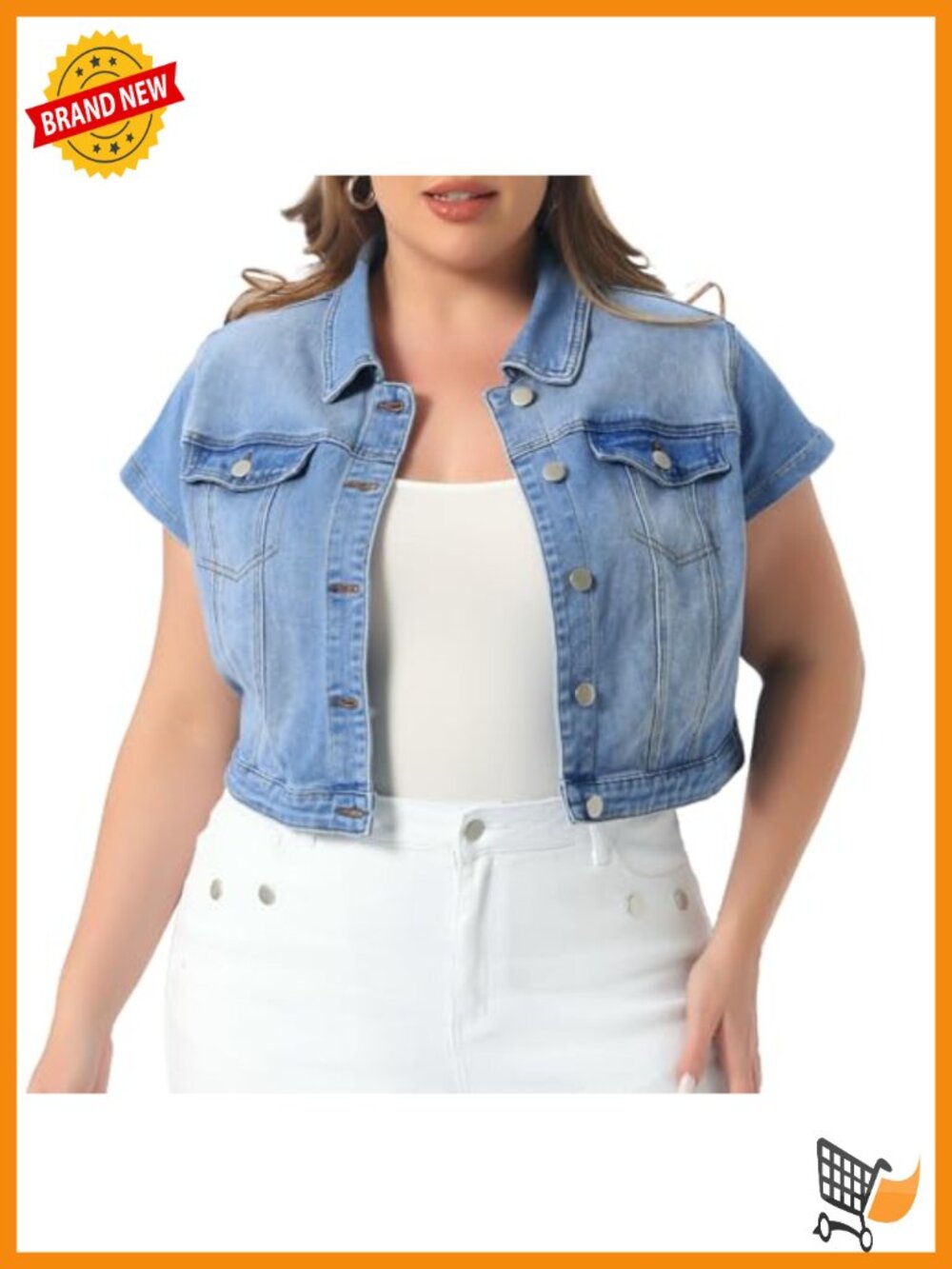 Plus Size Short Sleeve Denim Jacket Button Washed Cropped Jean Jacket